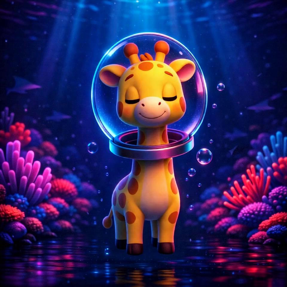 Prompt: Magical Under water world The giraffe wakes up smiles and looks around at the fish  