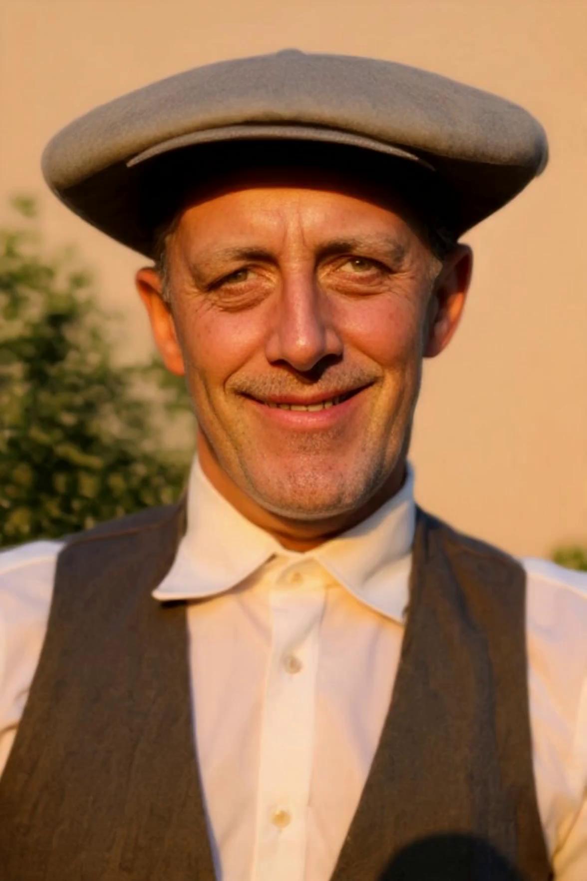 Prompt: The figure has a kind and caring closed-mouth smile, glances briefly to his right and his left, then grabs the brim of his cap with his right hand,   and is presenting himself in a dignified manner,  8k, high resolution, best quality, masterpiece, (High contrast: 1.0), (brilliant, dynamic color palate: 1.1), (dynamic pose :1.2), (astheticaly beautiful composition: 1.2), (Warm, multi-source lighting: 1.1), (Golden Hour Sunset Lighting: 1.1)