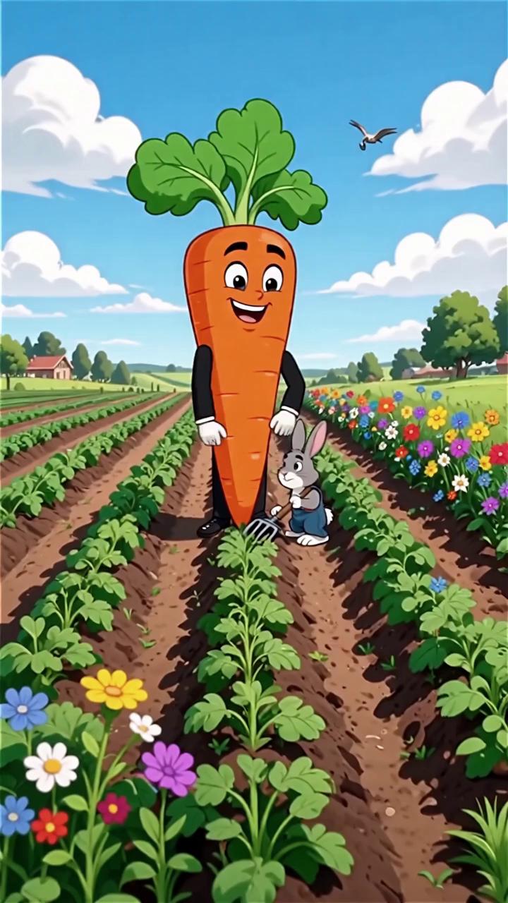 Prompt: an instagram story where there is a cartoon of a carrot boss who is facing rabbit farmer working in the farm