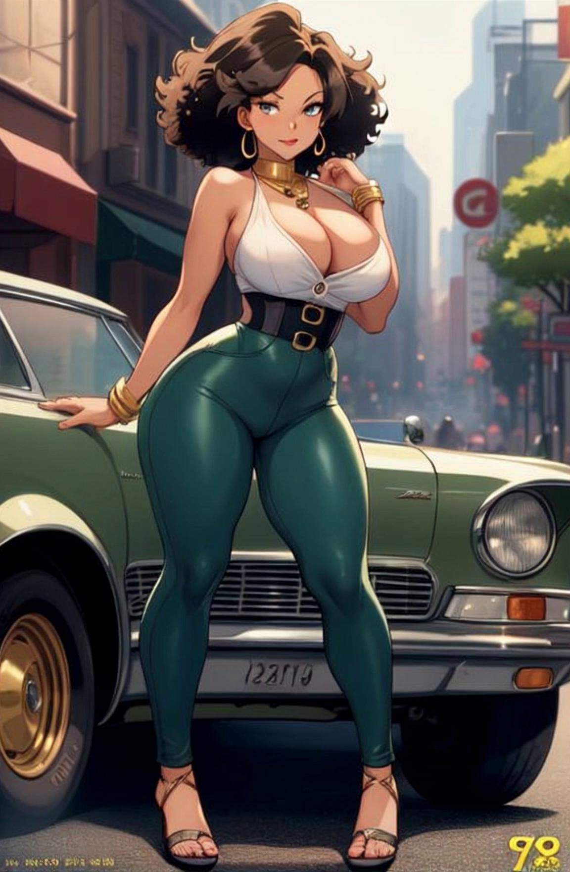 Prompt: Twirling her curly hair, her confident stance as she turns around while looking over her shoulder, as view zooms in closer  with a seductive smile bends over the hood of the car and winks at the viewer