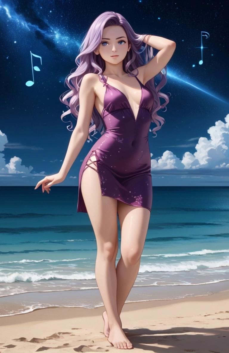 Prompt: The model is walking along the beach towards the camera, the smooth texture of her dress gently sways with the calm ocean air. As the camera pans in for a close-up, the models natural beauty glows along with endless twinkle of stars in the background. Realistic motion, natural lighting and shadow, intimate scenery