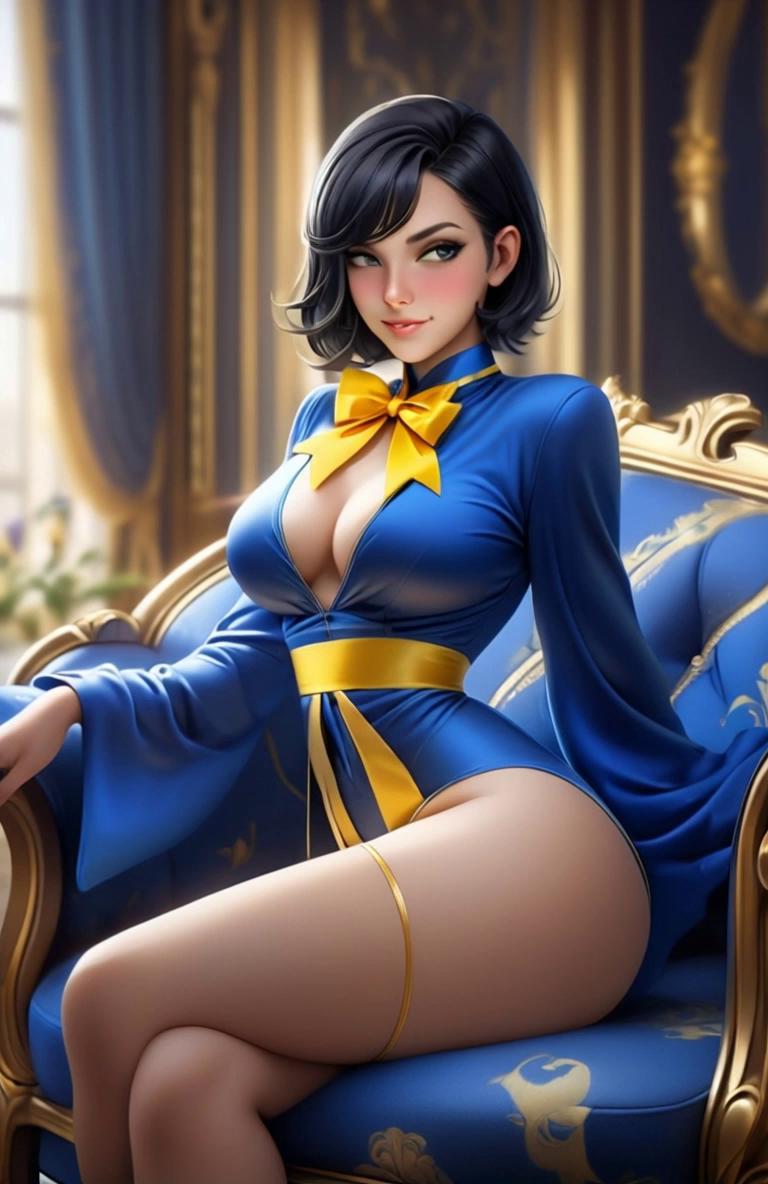 Prompt: The model pans in close as the model, reposition her selfless in a graceful turn. As she stands the model pans into a close up shot,   her adjust her stylish outfit, she walks confidently towards the camera and blows a subtle kiss. Realistic motion, natural clothing movements 