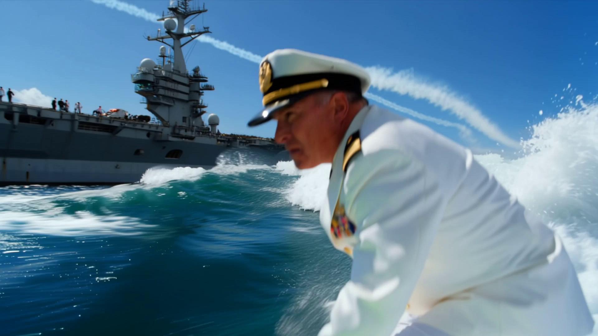 Prompt: Visualize a dynamic scene of a Navy admiral in a crisp white uniform, expertly carving through the vibrant blue waves on a surfboard, his expression a mix of focus and exhilaration. In the background, a massive aircraft carrier looms, its deck bustling with activity, while sleek fighter jets soar overhead, leaving trails of vapor in their wake against a backdrop of a clear azure sky. Sunlight glints off the water, creating a dazzling play of light and shadow, as gentle sea spray catches the light like diamonds. The mood is both adventurous and authoritative, capturing the essence of naval prowess and thrill. This image would benefit from a cinematic lighting style, emphasizing the contrast between the calm sea and the powerful presence of military might above.