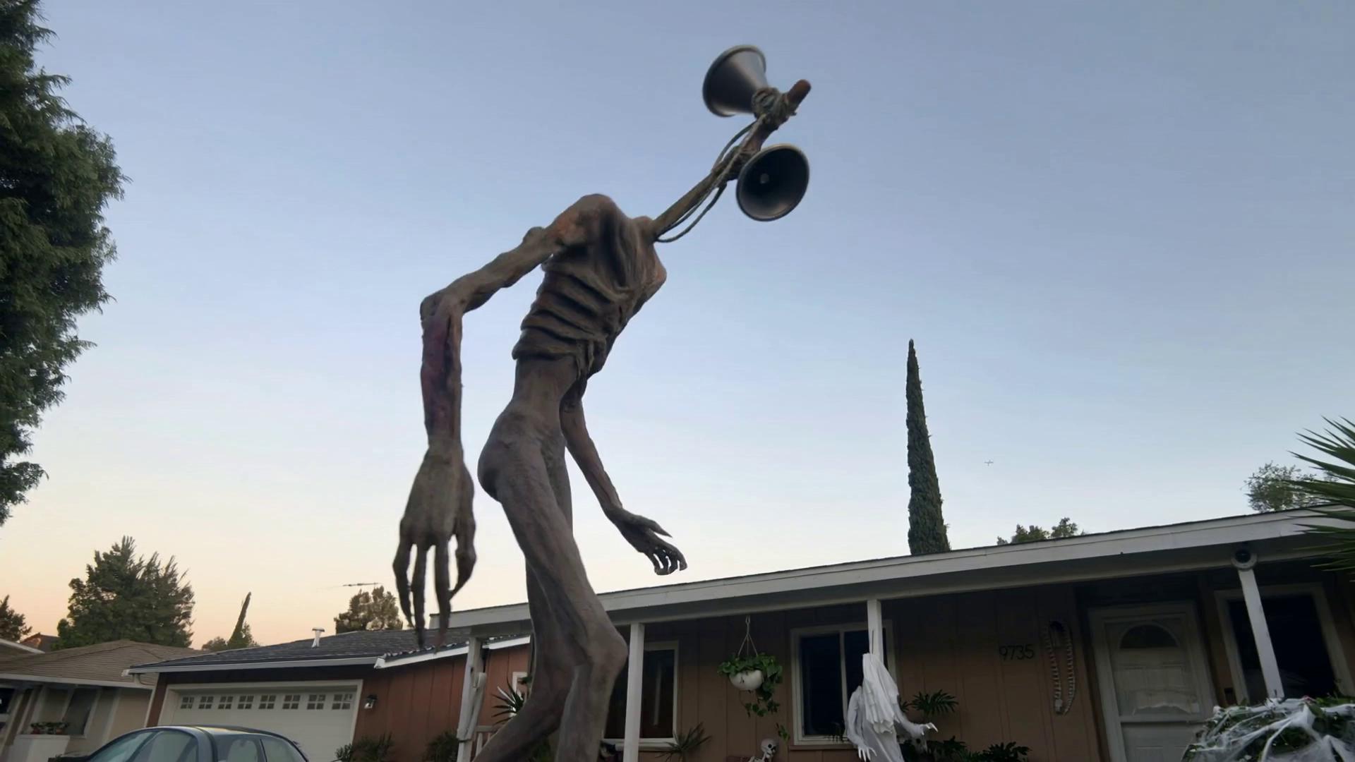 Prompt: Show siren head creature 40 feet tall pick up the house