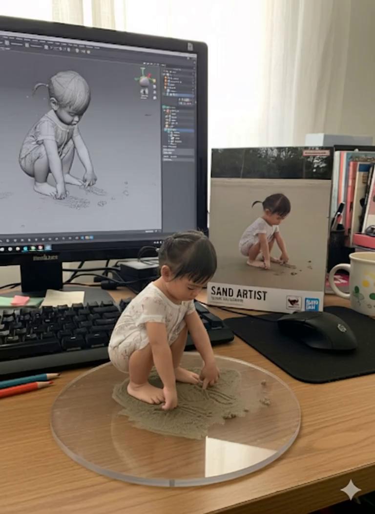 Prompt: Nure two hand gently pick up the figure on the frame and rotate it slightly for inpection.the model in the packaging box remain stationary, while all other background elements stay unchanged.