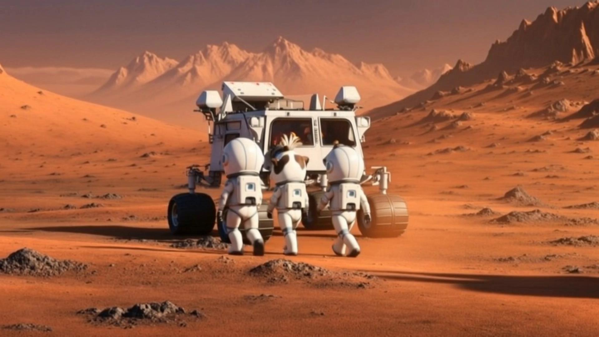 Prompt: All jumped inside mars rover and rover started running on mars