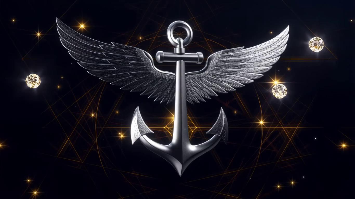Prompt: 3d image of an anchor with wings in an sacred geometrical background with jewels and golden stars