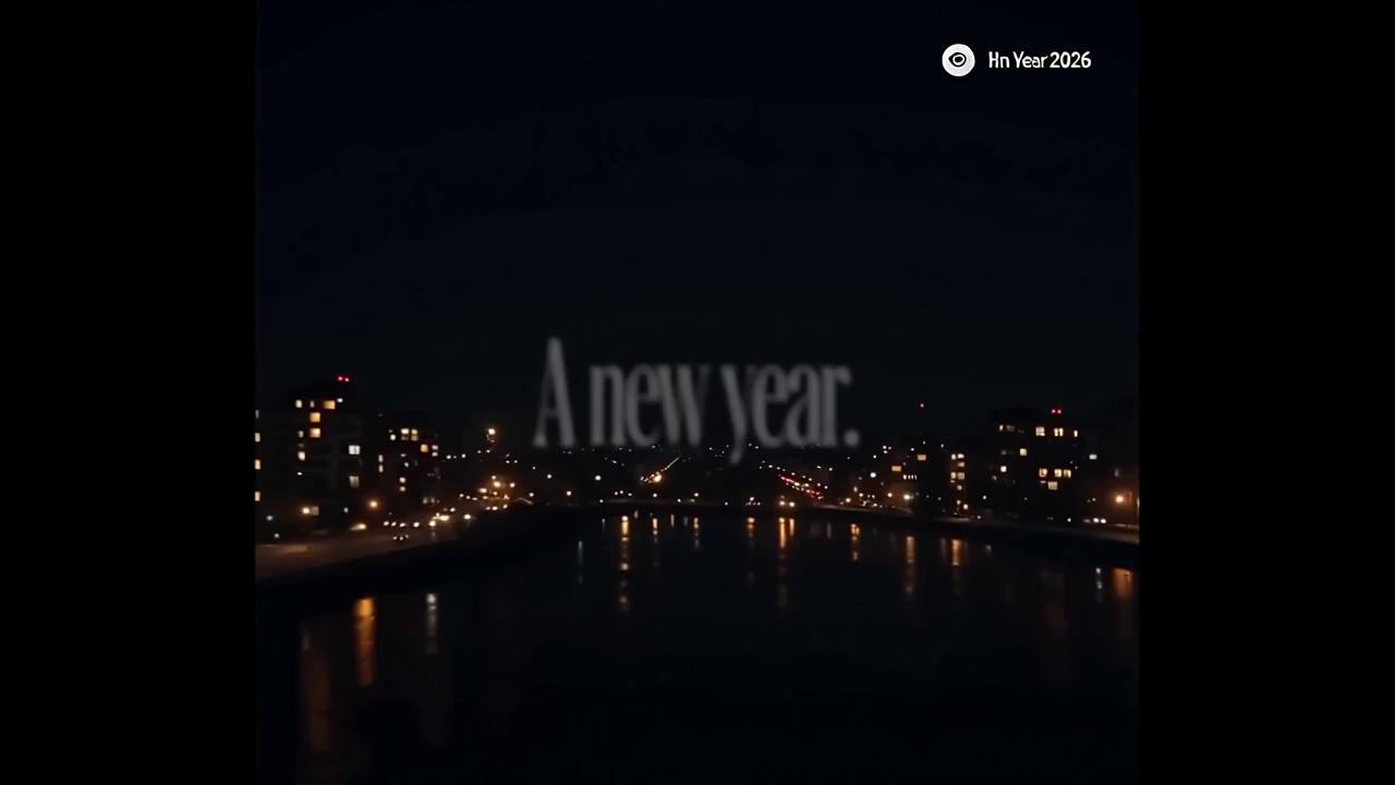 Prompt: Create a 12-second, cinematic, uplifting vertical video (9:16) designed for Instagram to celebrate the New Year.

Seconds 0–3: Quiet, reflective visuals — city lights at night, slow camera movement, a sense of transition and calm.

Seconds 3–7: Introduce hopeful imagery — subtle fireworks in the distance, warm light beginning to rise on the horizon, smooth forward motion symbolizing momentum.

Seconds 7–10: The scene brightens slightly — confident, peaceful visuals suggesting a fresh start and clarity.

Seconds 10–12: End on a visually similar frame to the opening to allow a seamless loop.

Background music: a traditional New Year’s–style instrumental (instrumental only, no lyrics) with a gentle emotional melody that slowly builds and resolves calmly.

On-screen text appears gradually in clean, elegant, minimal typography:

“A new year.”
“A fresh chapter.”
“New goals. New growth.”

Final frame text:
“Here’s to building the life you actually want in 2026.”

Mood: calm, optimistic, reflective, confident — not hype.

Lighting: warm, cinematic, minimal.