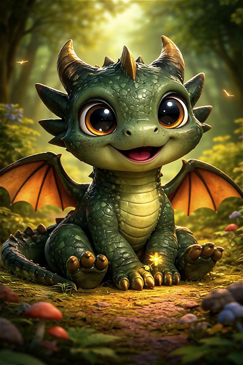 Prompt: The dragon watches a beautiful blue butterfly flying from right to left over his head. He waves at the butterfly with his right hand, smiles, and says "Hello". In the background, you can hear the gentle rustling of the forest.
