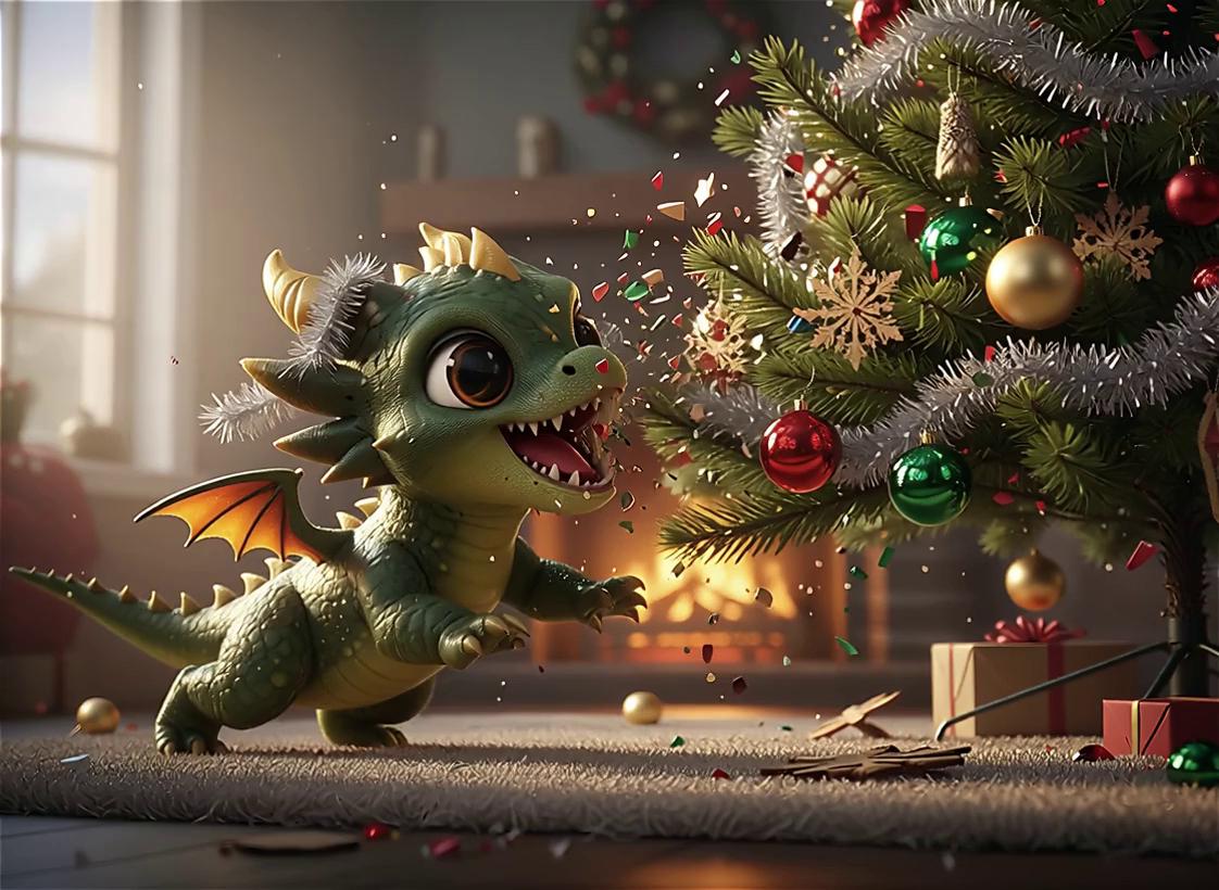 Prompt: Dragon trying to destroy christmas tree biting and tearing with teeth.