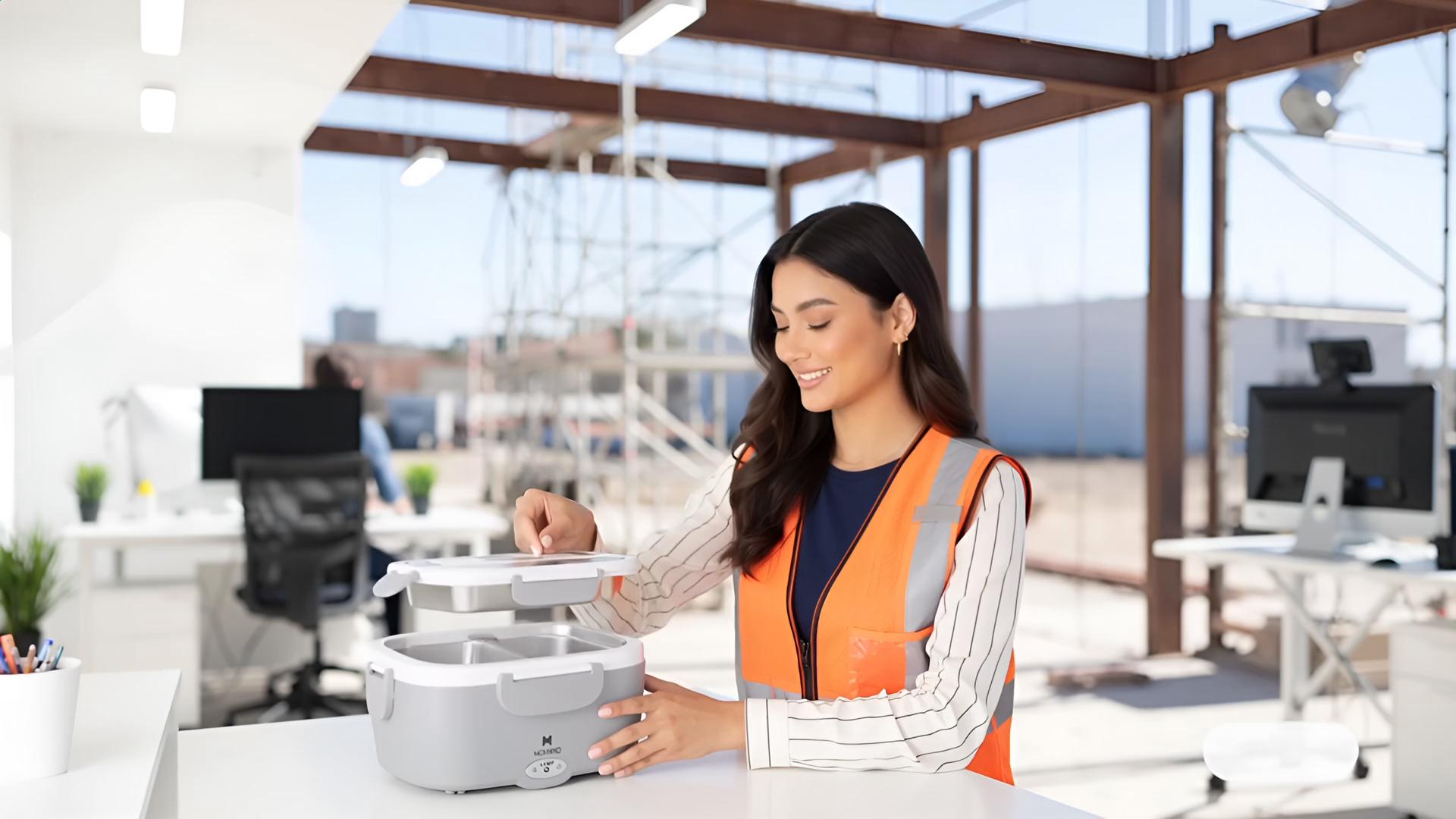 Prompt: Create a short 18–20 second vertical video ad (9:16) using my uploaded images as references.
Keep the exact look of the product from the reference photos (grey and white electric lunch box with stainless steel inner container and handle, power cable, and lunch bag).
Use the uploaded female presenter image as the main actress in all scenes. Realistic style, smooth natural animation, bright commercial lighting.

Scene 1 – Office (about 10 seconds)
Modern, bright open-plan office. The female presenter, wearing smart office clothes, sits at her desk with the reference lunch box in front of her.

Close-up of her placing the stainless steel container with food into the device and closing the lid.

Close-up of her finger pressing the ON / power button on the heated base (tiny indicator light turns on).

Quick time-lapse feeling (subtle speed-up).

She opens the cover: a gentle cloud of hot steam rises from the food, looking fresh and delicious.

She smiles happily and takes a bite with the fork.
On-screen text: “Hot lunch at your desk – anytime.”

Scene 2 – Construction site (about 10 seconds)
Outdoor construction site during daytime. Same woman, now wearing a construction outfit: high-visibility vest, hard hat, casual work clothes.

She is on a short break, sitting on a safe, clean area (like a bench or toolbox) with the same lunch box next to her.

Close-up of her pressing the ON button on the device again.

Quick cut or mini time-lapse.

She opens the lid; again, a clear cloud of hot steam rises from the food.

She looks satisfied, eats a bite and nods, showing how convenient it is on site.
On-screen text: “Enjoy hot meals anywhere – even on site.”

Final frame (1–2 seconds)
Clean white or light background. Show the product from the reference image clearly, with the logo visible.
Add bold text: “Mobile Food Heater – Warm Food. Anytime. Anywhere.”
Include a small “Shop Now” button graphic.