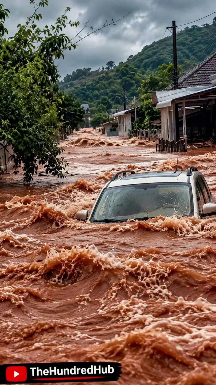 Prompt: For the x:19%, y:72% area, use this image-to-video prompt:Prompt:Ultra-realistic disaster footage. The camera slowly pushes forward toward the partially submerged SUV while the muddy floodwater violently rushes around it. The vehicle rocks slightly under the pressure of the current, water splashes against the windshield and side mirrors, and floating branches and debris race past the camera. In the background, floodwater continues surging through the houses toward the mountain. Heavy storm clouds move overhead, trees and vegetation shake in the wind, and rain falls naturally. Add subtle handheld camera shake, realistic water physics, cinematic depth, dramatic documentary-style atmosphere, 9:16 vertical. Keep the SUV, houses, mountain, and overall composition consistent with the original image. TheHundredHub watermark remains fixed at the bottom-left.