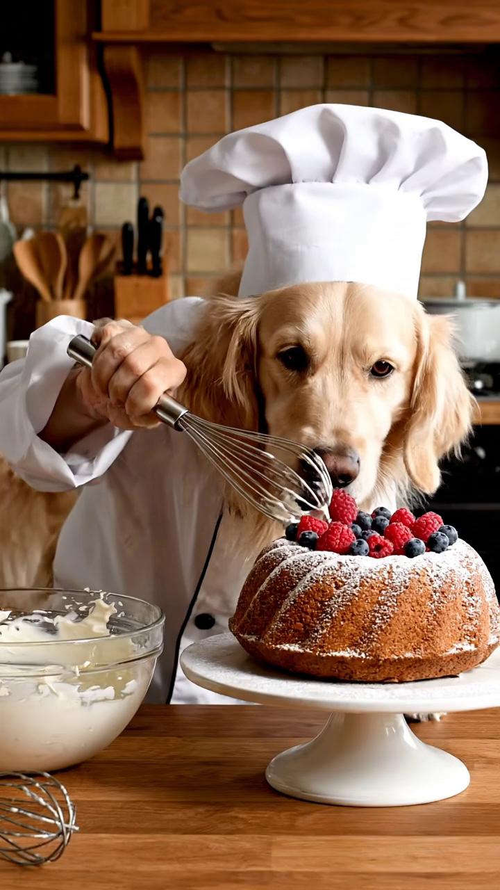 Prompt: 中景镜头, Golden retriever in chef outfit decorates bundt cake with whisk and berries, then eagerly licks frosting from the bowl and takes sneaky bites from the cake, happy dog face, cozy kitchen, realistic fur movement, 6 seconds, [情绪基调], 相机参数: 50mm, f/2.8, 1/50s, ISO 100, 5600K 白平衡, 中等景深, 相机向右摇镜, 电影感视觉风格
