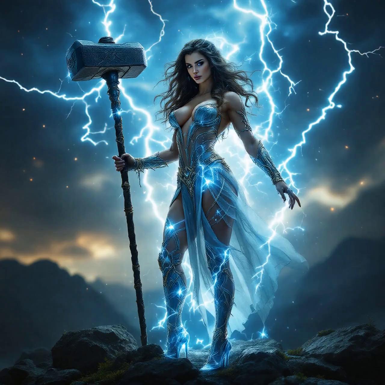Prompt: woman raises hammer, as she raises the hammer, a continuous lighting bolt strikes the top of the hammer, powerful goddess, superhero,