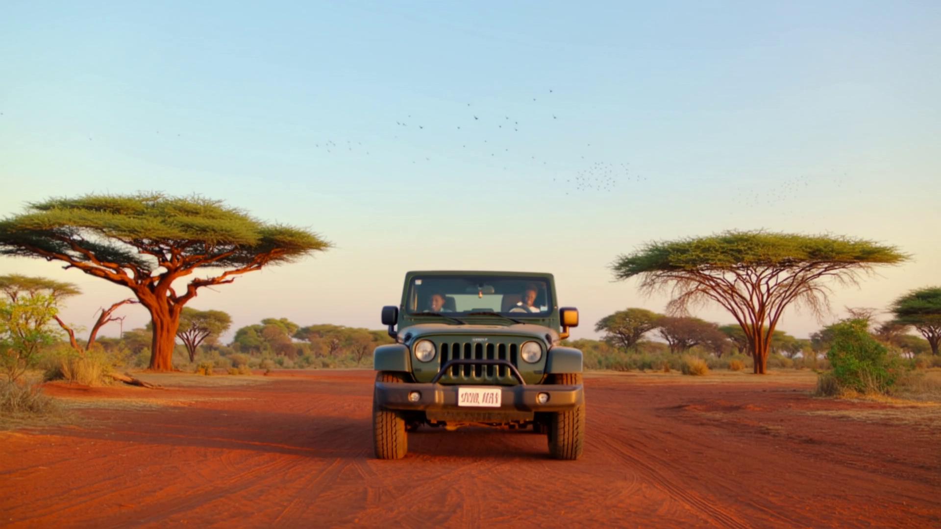 Prompt: Prompt 1 – Arrival at Tsavo National Park

Wide cinematic shot of Tsavo National Park entrance. Four very black African children—Jabari, Zuri, Kito, and Amani—jump out of a safari jeep excitedly. Their deep black skin glows under the morning sun. Acacia trees, red earth, birds flying, cheerful adventure music.