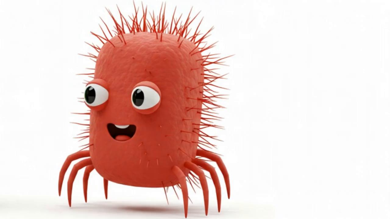 Prompt: 3D animation style, digital art; A cute and simple Red bacteria character, with a rectangular body shape, two cartoon-style eyes on top, lots of tiny legs underneath, and a small tail at the end. The style should be minimalistic and fun, with a clean white background. the Red Bacteria is thinking and suddenly come up with an idea. 