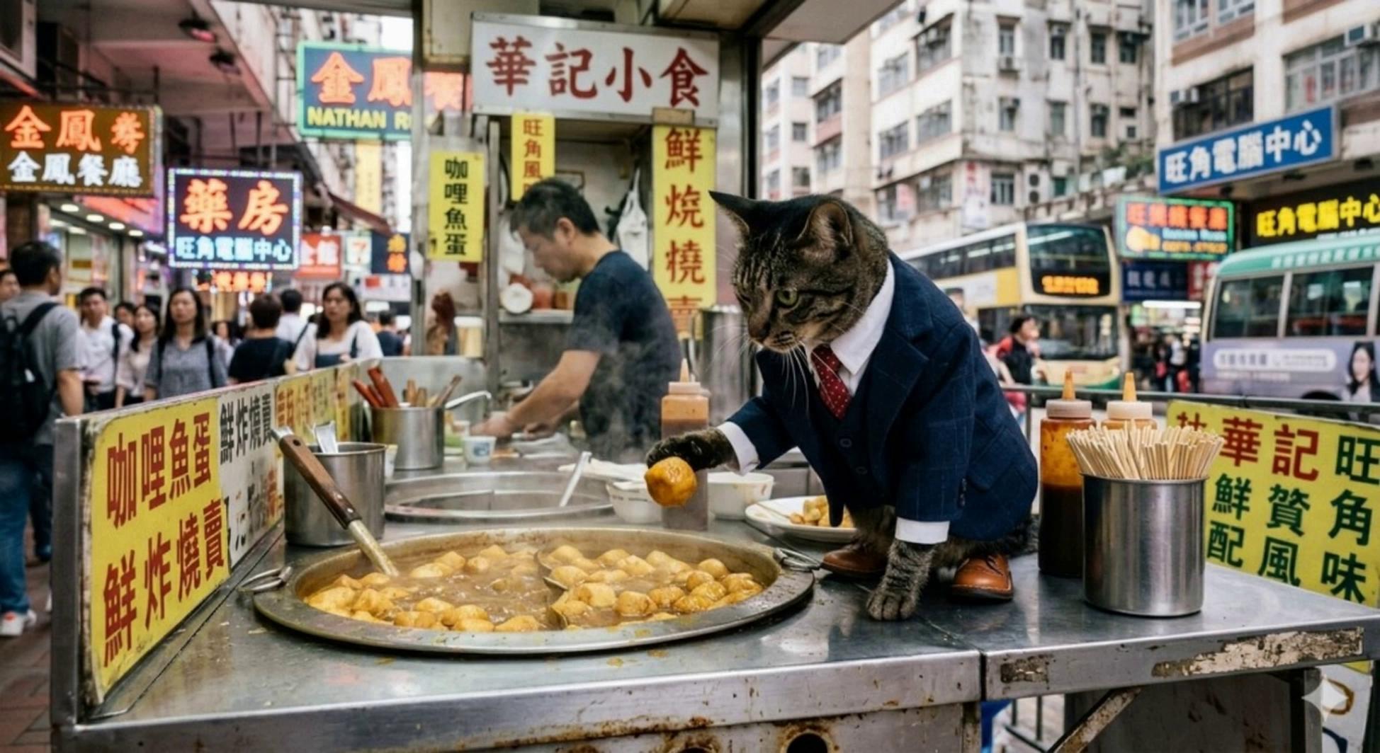 Prompt: 戲名：《旺角魚蛋貓經理》

【第一幕：身分之謎】
場景係旺角一間熱氣騰騰、掛滿「華記小食」招牌嘅魚蛋檔。
人來人往，一個穿着深藍色老西、打埋紅呔嘅「紳士」竟然坐喺不銹鋼檯面上。
佢唔係人，係一隻神情嚴肅、自命不凡嘅虎斑貓。

【第二幕：職業病發作】
畫面切換到貓經理嘅視角（對應第一張相）。
佢望住嗰鍋香噴噴、金黃色嘅咖喱魚蛋，眼神銳利得好似睇緊股票大盤咁。
佢心諗：「呢批魚蛋彈牙程度未達標，等我親自『質量檢查』吓先。」
趁住老細轉身嘅一剎那，佢伸出戴住白色袖口位嘅毛毛手，快、準、狠咁偷咗一粒魚蛋。

【第三幕：神級公關】
就喺呢個時候，一個排緊隊嘅後生仔發現咗佢。
貓經理完全無驚，反而優雅地用爪拮起一串魚蛋，眼神充滿自信（對應第二張相）。
佢將串魚蛋遞向客人隻手，好似喺度講：「呢粒先係精華，請你食，記得上網畀五星好評，仲有……唔好同老細講我食咗一粒。」

【第四幕：完美謝幕】
客人呆咗，貓經理默默收返手，繼續裝模作樣咁巡視業務。
背景傳嚟老細把聲：「咦？點解又少咗粒魚蛋嘅？」
貓經理對住鏡頭單一單眼，片尾出字幕：
「旺角魚蛋，最緊要識做。」