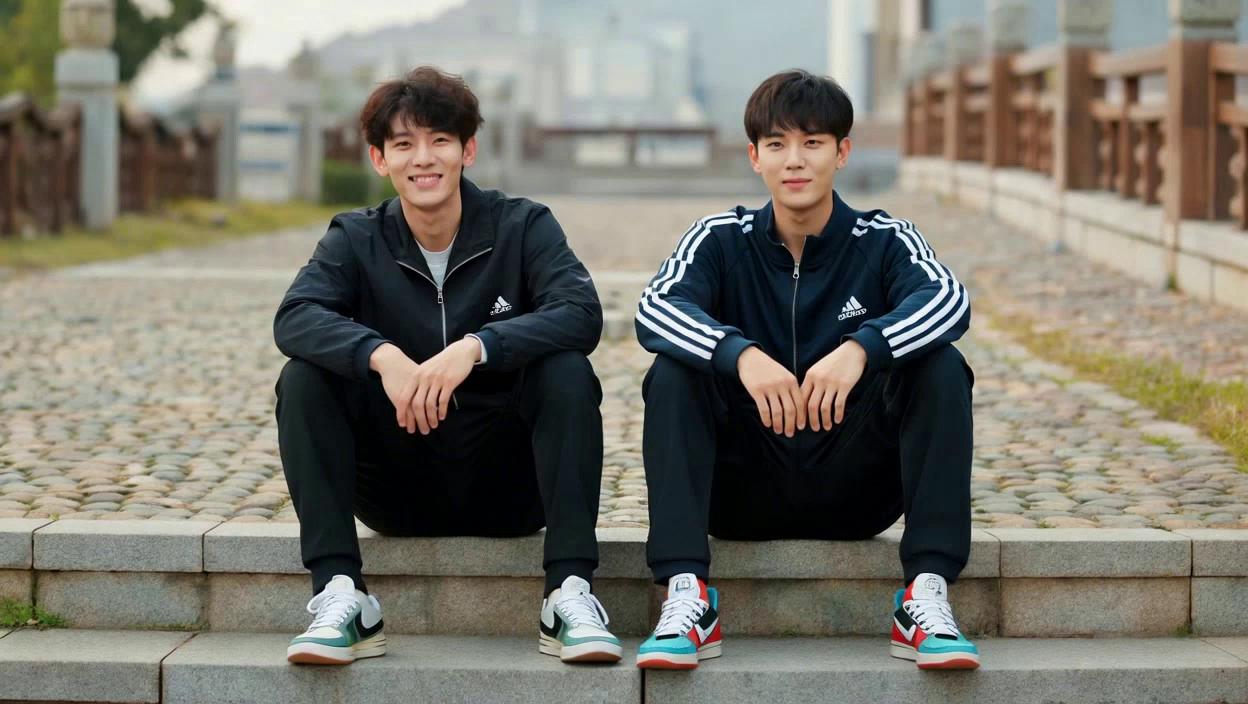 Prompt: Seated on a stone step, two young men engage in a relaxed moment, showcasing a blend of casual style and camaraderie. One, with curly hair and a warm smile, leans closer to the camera, while the other, sporting a contemplative expression, raises a hand in a casual gesture. They both don trendy outfits—one in a black jacket and the other in a sporty ensemble—and sport stylish sneakers that add to their urban vibe. The background reveals a cobblestone path and muted architectural elements, suggesting a quiet street scene, illuminated by natural light, enhancing the monochromatic tone of the image. The overall atmosphere conveys a sense of youthful confidence and friendship, set against a simple yet striking backdrop.