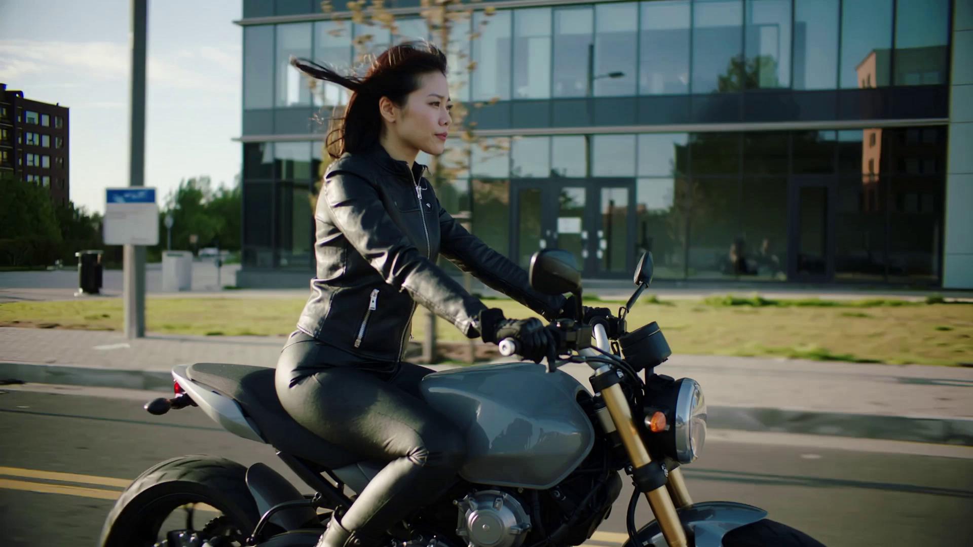 Prompt: an Asian woman wearing tight leather riding a motor bike