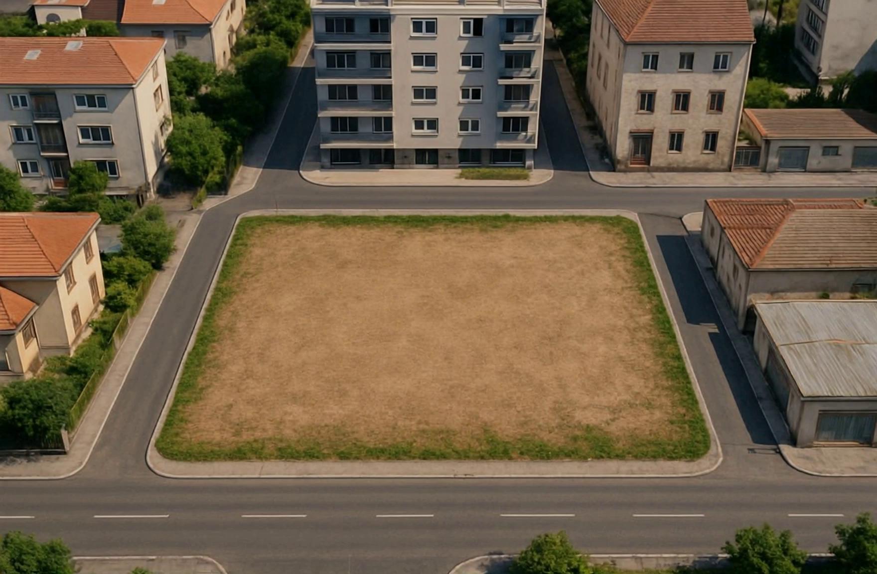 Prompt: A spacious vacant lot at the center of a suburban neighborhood, viewed from a slow aerial drone shot. The lot is surrounded by streets and a mix of modern apartment buildings and traditional houses with red-tiled roofs. The ground is dry with patches of grass and framed by small trees and sidewalks. The sun casts warm natural light, emphasizing the earthy tones. The camera gently circles the terrain, showcasing its potential as a future construction site.

