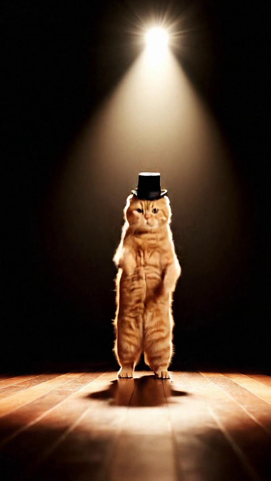 Prompt: Ultra-realistic cinematic footage of a ginger-coloured average-sized cat wearing a tiny black top hat, standing fully upright on its hind legs under a bright spotlight on a polished wooden stage, dancing salsa like a human with exaggerated arm swings, hip twists, and dramatic footwork, spinning, hopping, flailing its tail for comedic effect, whiskers twitching, top hat wobbling humorously on its head, perfectly synced to a ridiculously upbeat, comical Latin salsa song, camera slightly shaking to match the rhythm, extreme close-ups of the cat’s expressive face mid-spin, jumps and dramatic spins for maximum hilarity and ultra-realistic absurdity, making it insanely funny.