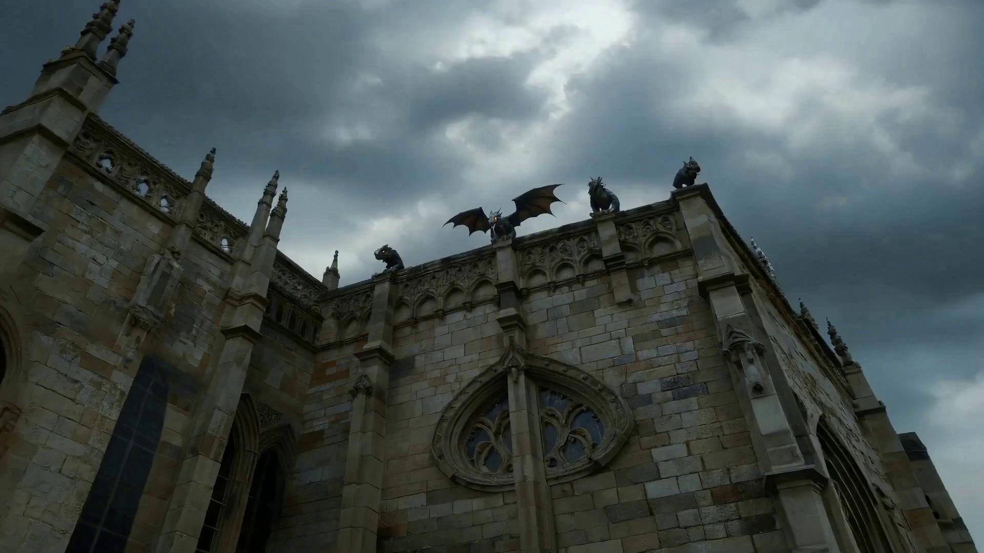 Prompt: Envision a gothic church, its stone façade tall and imposing, adorned with intricate carvings that speak of ancient tales. The sky above is a turbulent canvas of dark gray clouds, flickering with jagged streaks of lightning, casting a surreal light that dances across the weathered stones. From the craggy ledges, dragon-like gargoyles come to life, their scaly wings folded tightly against their bodies, watching the world below with piercing eyes that glimmer ominously. They're poised on the edge, ready to take flight, their expressions a blend of vigilance and mischief. A sense of ominous foreboding fills the air, with the scent of impending rain merging with damp earth. This scene is best captured in a dark fantasy concept art style, enveloping viewers in its brooding, mystical atmosphere.