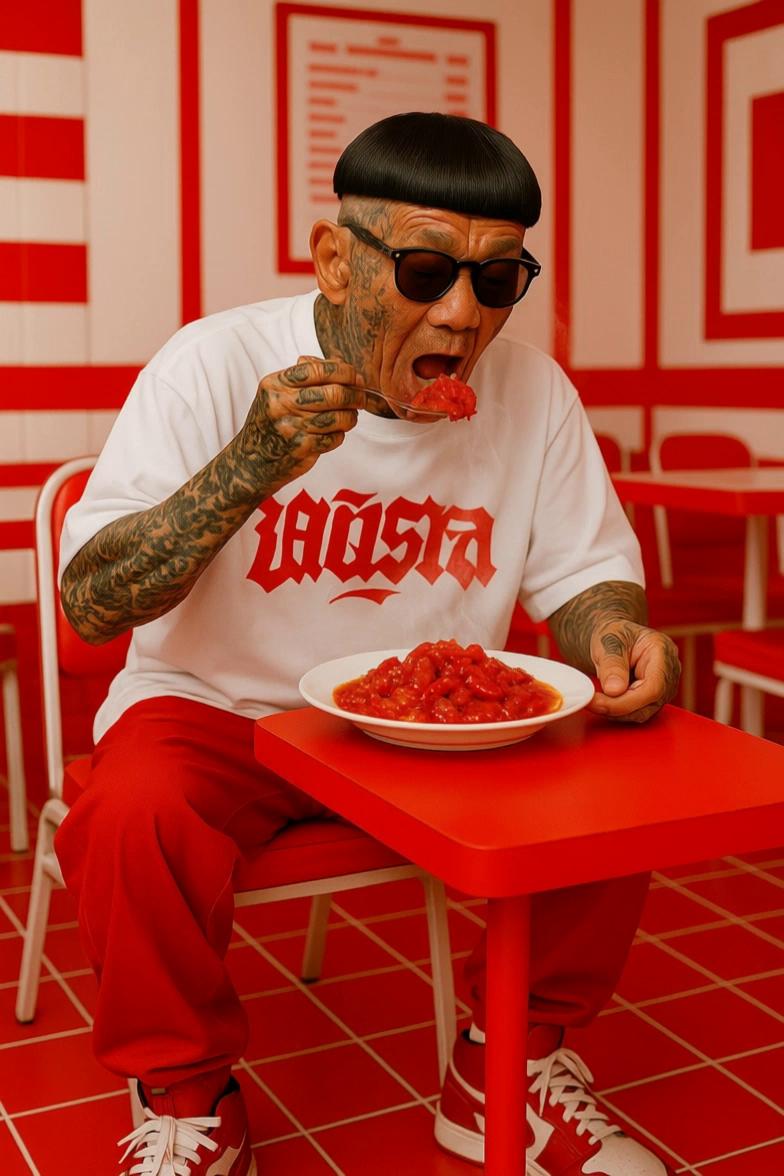 Prompt: Start with a static front-facing shot. The man eats a spoonful of pasta. As soon as he puts it in his mouth, trigger a dramatic dolly zoom (camera moves backward while zooming in). His eyes widen, brows lift, and mouth opens in a sharp gasp — intense reaction to extreme spiciness. Keep expressions exaggerated but natural. Emphasize depth shift and emotional impact through the dolly zoom."