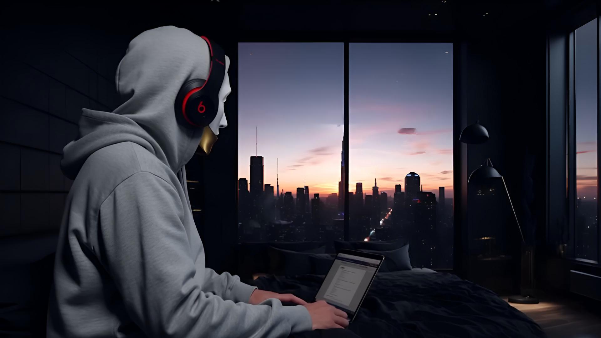 Prompt: "A cinematic anime scene of a @b3werdna sitting on his bed with a laptop, wearing hoodie and white mask with gold. listening to his headphone  gazing at a glowing sunset over a futuristic city skyline. The camera slowly pans out, clouds drift across the sky, the sunlight shimmers on the horizon, and the city lights begin to flicker on, creating a dreamy, melancholic atmosphere."