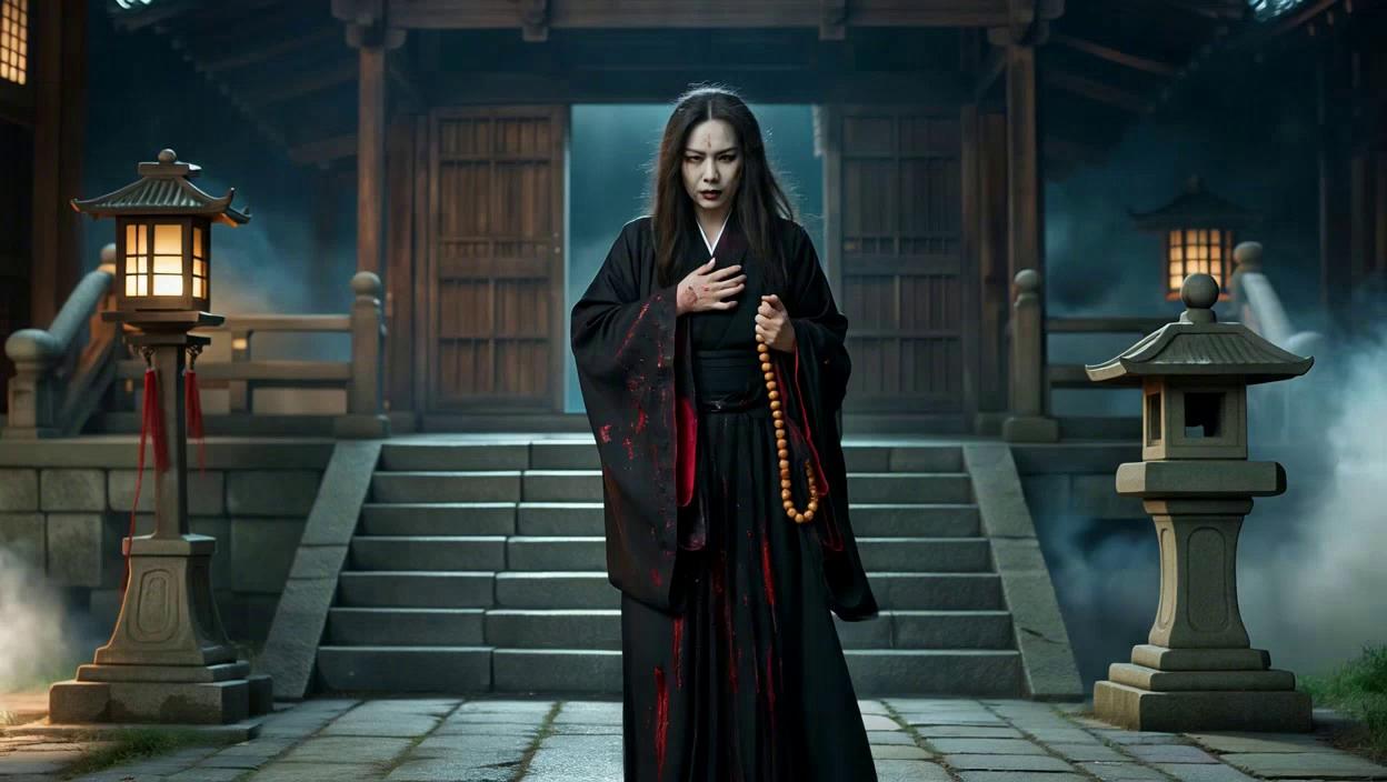 Prompt: A female ghost wearing a black shroud stained with blood, her right hand pointing to the position of her heart, and her left hand clutching wooden Buddha beads. She floats eerily in front of an ancient Japanese temple under a dark, misty atmosphere. Her face is twisted in a grudge, with smeared marks across her pale skin. The scene is dimly lit by flickering lanterns, the air thick with supernatural tension, and the faint sound of wind rustling through the temple gates. Hyper-realistic, cinematic lighting, 8K resolution, detailed texture, deep shadows, Japanese horror aesthetic, composition centered for dramatic focus.