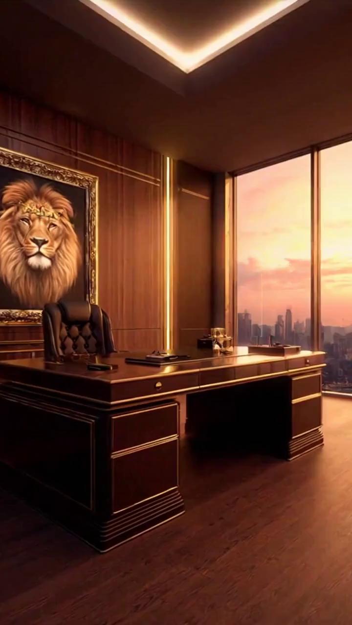 Prompt: “12-second cinematic clip of a luxurious executive office, empty with no people. Dark wood walls with warm golden lighting. A large, detailed painting of a lion with a crown hangs behind a polished wooden desk with gold accents. Premium objects on the desk: a metal pen, notebook, and a luxury watch. Start the shot with a slow, steady push-in toward the desk, then smoothly shift the camera toward a large floor-to-ceiling window. The window reveals a breathtaking city skyline at sunrise, with soft golden light entering the room. The mood is powerful, calm, and elite. 

VOICEOVER (Use exactly):
0:00–0:03 — “Real change doesn’t happen overnight…”
0:03–0:06 — “It starts with a small 1%… the part no one else notices.”
0:06–0:09 — “But you notice it… because you’re done staying the same.”
0:09–0:12 — “Today you win. 

