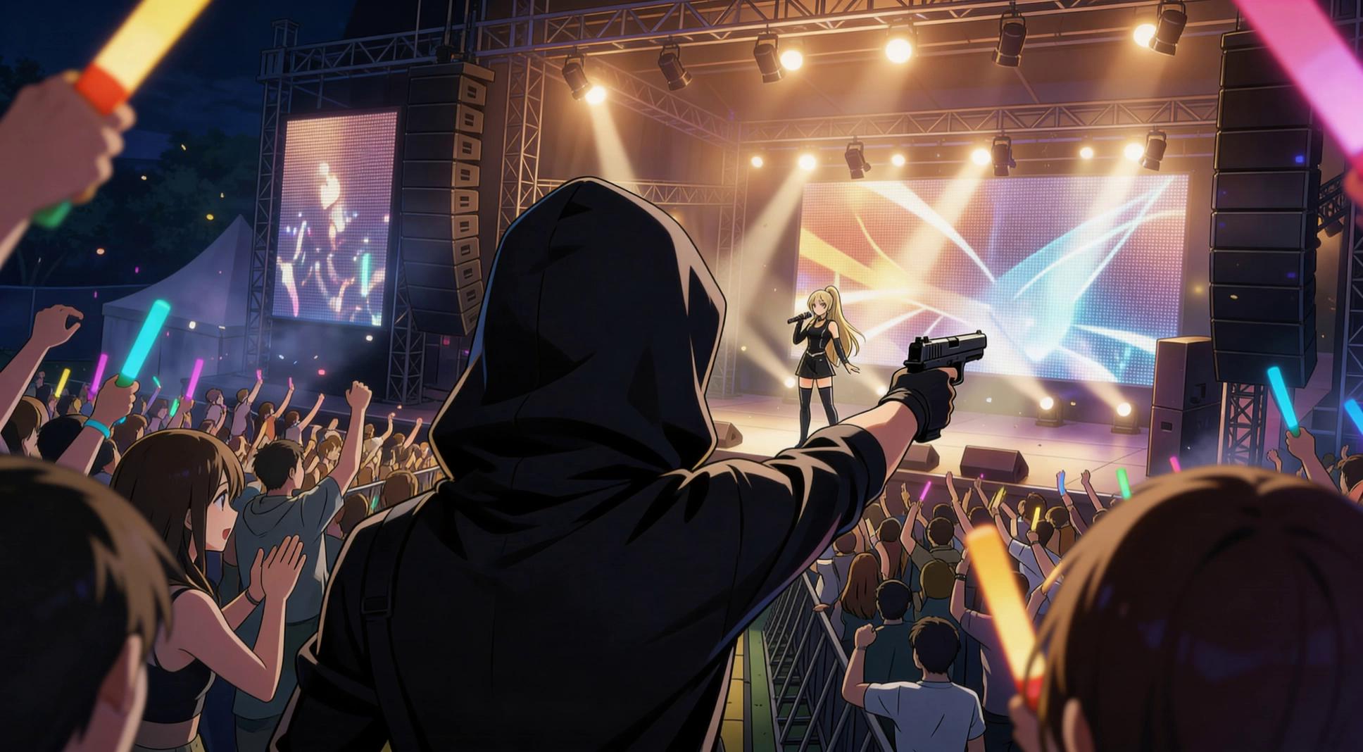 Prompt: Camera locked. The hooded person slowly moving his arm aiming the girl on the stage, while the girl is singing and performing, the crowded people clapping, dancing and moving the glowing sticks, led screens is displaying the concert video.