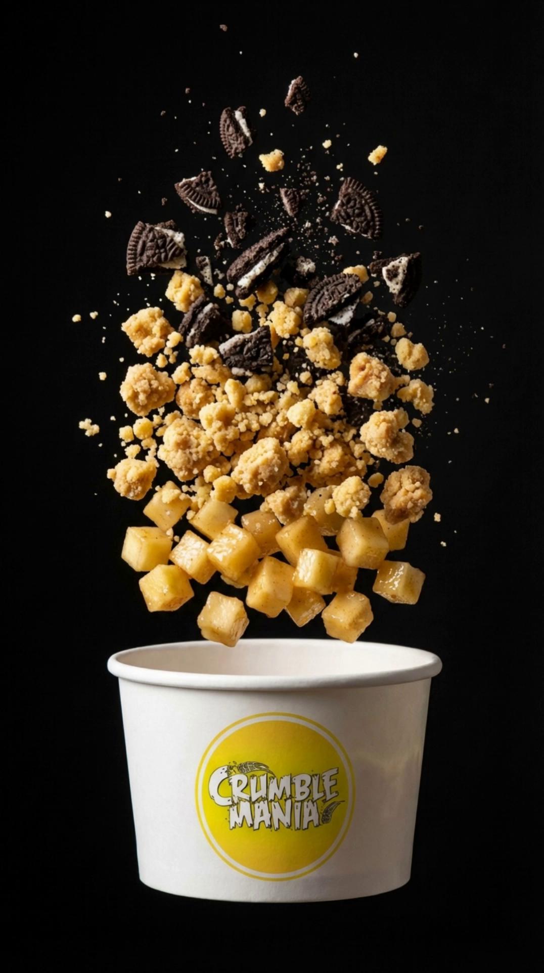 Prompt: allow the filling to fall into the cup and in the end the cup is full and it should show the crumble and crushed Oreo as the topping 