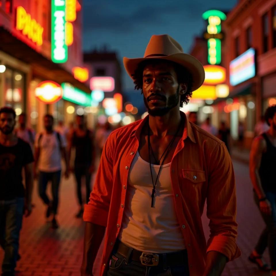 Prompt: Duke walks slowly through a crowded Southern city at sunset, camera follows from behind at shoulder level. People turn as he passes, drawn to his presence. The city is vibrant yet gritty, with a hazy dusk glow and jazz music faintly playing in the background. Slow-motion moments as he locks eyes with strangers.”