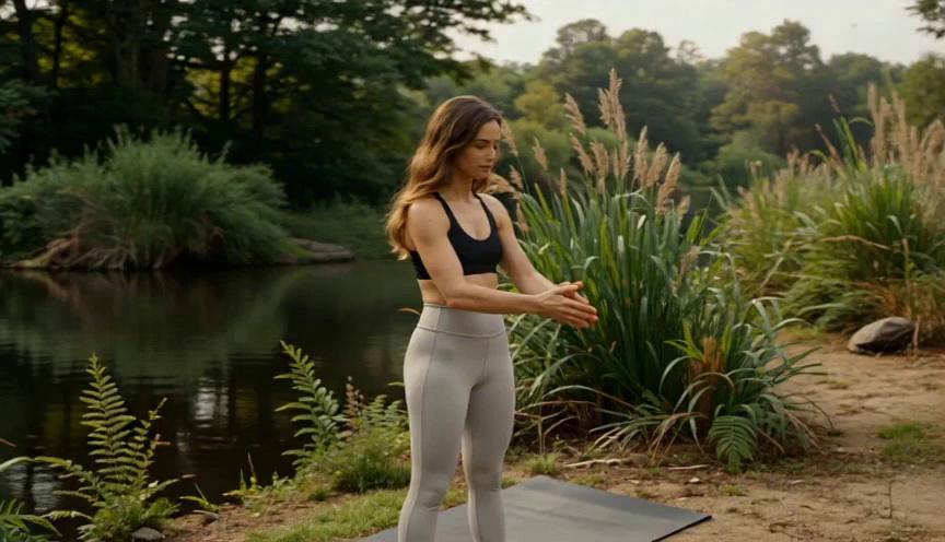 Prompt: A serene wellness scene featuring a realistic brunette female presenter in fitted yoga pants standing close to a gently flowing river. Soft natural light reflects off the water, creating a calming glow around her. She moves slowly and intentionally, demonstrating grounding, breath‑focused motions that highlight the benefits of calm, clarity, and emotional balance. The camera glides smoothly, capturing the river’s flow as a visual metaphor for releasing stress and inviting positivity. Surround her with subtle wellness cues: warm sun flares, soft breeze movement in nearby plants, and gentle reflections on the water. Her presence feels supportive and encouraging, embodying healthy habits, motivation, and inner strength. The entire scene communicates benefits — reduced stress, improved mood, deeper gratitude, and renewed motivation — through calm visuals, natural textures, and peaceful movement.  presenter say "seven day gratitude and positivity", no text on screen