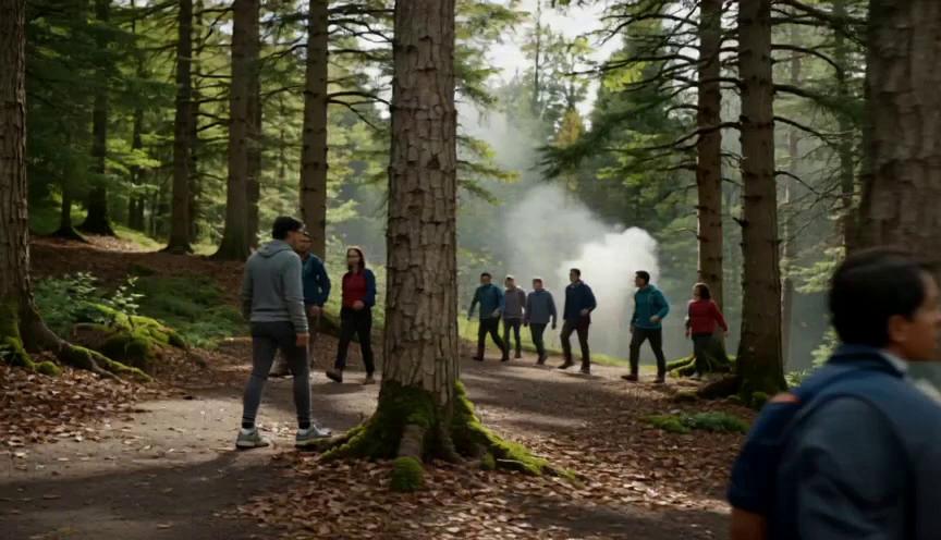 Prompt: “A cinematic scene opens on a peaceful forest trail. Sunlight filters through tall trees, hikers walk calmly, birds echo in the background. Suddenly, a thin column of smoke rises in the distance — unclear, far away, and open to interpretation. People react instantly and differently: some assume a fire, others think it’s a campsite, others believe it’s a controlled burn, and a few start sharing their own theories. The brunette presenter, dressed in fitted yoga pants and a casual top, steps forward observing the mixed reactions. She looks directly at the camera with calm confidence and says: ‘Clarity helps you read the moment and challenge the news. join news under review community’ The visuals highlight the benefits of perspective, calm thinking, and grounding information before reacting. No on‑screen text. Premium, realistic, horizontal 16:9, 7 seconds.”