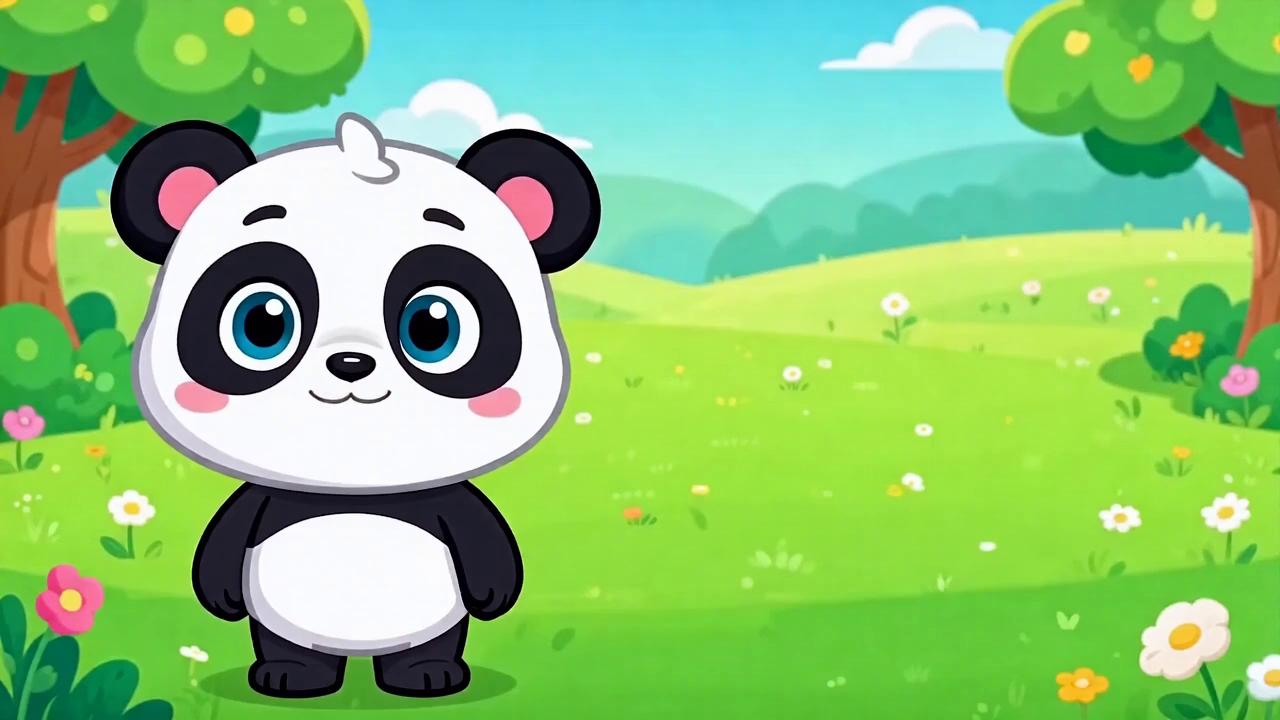 Prompt: “Soft, pastel 2D cartoon animation designed for toddlers. A cheerful panda stands in a bright meadow. The panda introduces the activity: ‘Which one is big?’ Two cartoon objects appear: a big ball and a tiny ball. The panda reacts with gentle excitement. the panda points to the big ball. No text on screen. Slow pacing, smooth transitions, soft outlines, warm colors.”