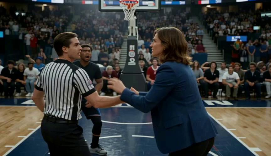 Prompt: “A cinematic scene opens on a basketball court during a controversial moment — a disputed play, mixed reactions from players, and the crowd erupting with different opinions. Some fans cheer, others protest, others replay the moment on their phones trying to understand what happened. The brunette presenter, dressed in casual clothes, stands right at mid‑court, observing the tension and the conflicting interpretations around her. She steps forward with calm authority, looks directly at the camera, and says: ‘In heated moments, clarity is your strongest advantage Join the News under review community’ The visuals highlight the benefits of perspective, calm thinking, and understanding before reacting. No on‑screen text. Premium, realistic, horizontal 16:9, 7 seconds.” 