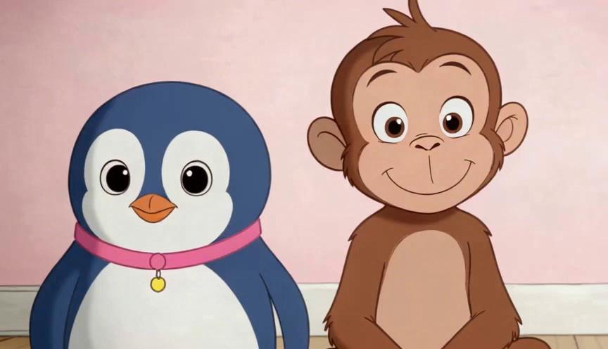 Prompt: Monkey says, “Near!” the monkey leaning close.  Penguin chick says, “Circle!” the penguin starts rolling a circle toy.  Both smile. no text, soft background music, Soft pastel 2D animation, soft music. 