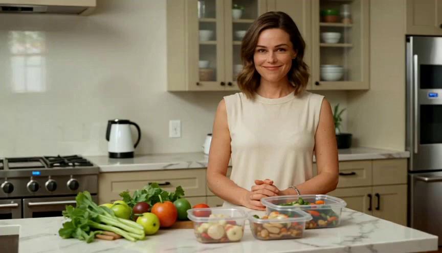 Prompt: Scene: Bright, modern kitchen with natural daylight, clean counters, fresh produce, and meal‑prep containers.
Presenter: Brunette female presenter, mid‑30s, confident, warm, approachable, natural makeup, clean wellness aesthetic.
Duration: 7 seconds.
Aspect Ratio: 16:9 horizontal.
Style: Cinematic, photorealistic, smooth gimbal movement, shallow depth of field, fresh green + warm beige palette. no text, presenter say  "seven Day Clean‑Eating Kickstart"
