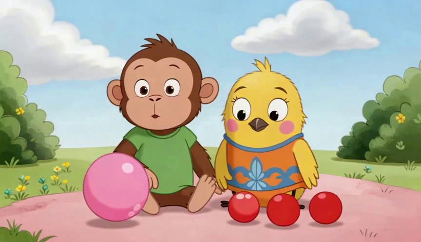 Prompt: Soft pastel 2D animation, soft music.
Monkey says, “One!” counting one pink ball.
Bird says, “Three!” counting three red balls. Both smile. no text