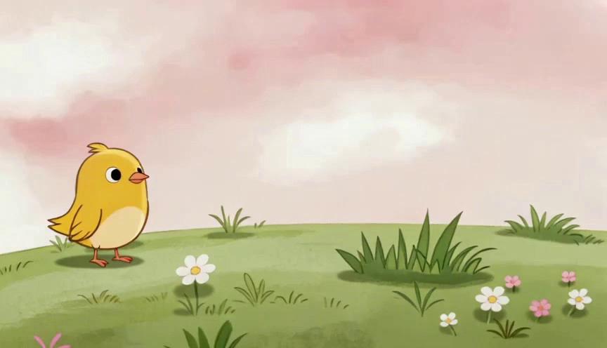Prompt: “Soft pastel 2D toddler animation. A bird says, ‘Left… middle… right!’ Three birds hop to each position. Smooth, rounded shapes.” no text, soft music