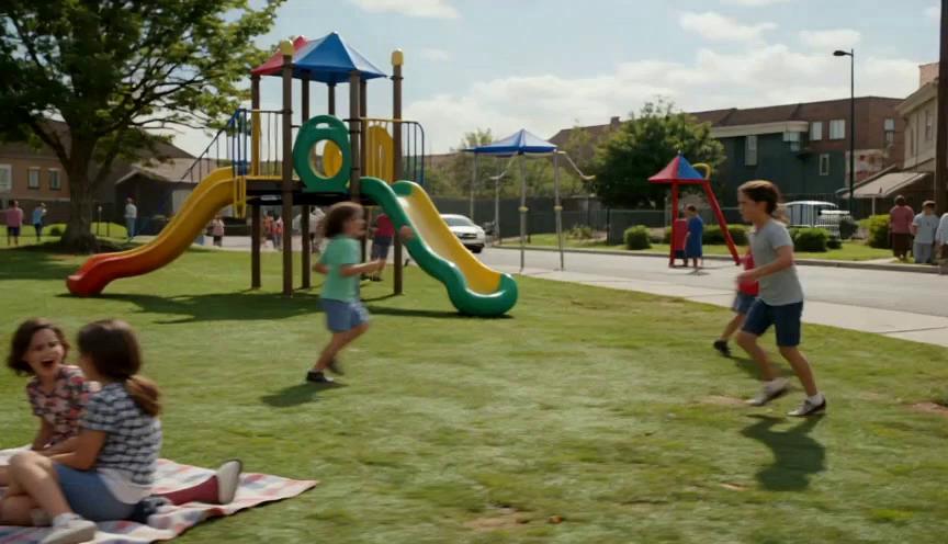 Prompt: “A cinematic scene opens in a sunny playground. Children run, laugh, climb, and play while parents chat nearby. Suddenly, a loud car‑crash noise echoes from the street — sharp, unexpected, and unclear. Reactions split instantly: some parents panic, others assume it’s minor, others think it’s something serious, and a few begin debating what they believe actually happened. The brunette presenter, dressed in casual pants and a soft neutral top, steps forward observing the mixed reactions. She looks directly at the camera with calm confidence and says: ‘Your clarity reshapes how the whole moment is understood. Join the News under review community’ The visuals highlight the benefits of perspective, grounded interpretation, and calm thinking before reacting. No on‑screen text. Premium, realistic, horizontal 16:9, 7 seconds.”