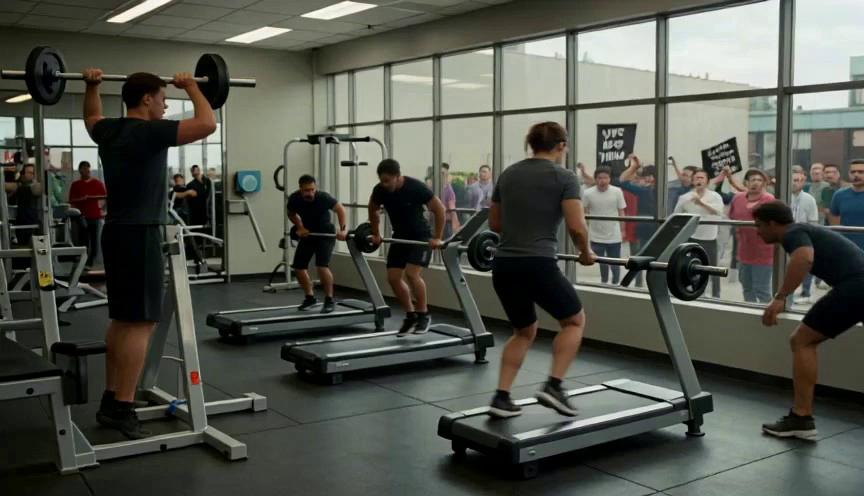 Prompt: “A cinematic scene opens inside a busy gym. People lift weights, stretch, adjust machines, hydrate, and move through their routines with focused energy. Suddenly, a loud commotion erupts outside — a sudden manifestation protesting past events, visible through the large gym windows. The noise and movement catch everyone off guard. Reactions split instantly: some gym‑goers panic, others ignore it, others assume it’s dangerous, and a few begin debating what the protest actually means. The brunette presenter, dressed in fitted yoga pants and a calm neutral top, steps forward observing the mixed reactions. She looks directly at the camera with steady confidence and says: ‘Clarity helps you understand intense moments. Join the News under review community’ The visuals highlight the benefits of perspective, grounded interpretation, and calm thinking before reacting. No on‑screen text. Premium, realistic, horizontal 16:9, 7 seconds.”