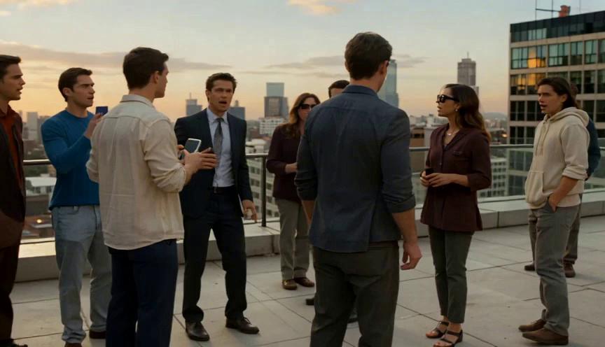 Prompt: “A cinematic scene opens on a modern rooftop at golden hour. People relax, talk, take photos, and enjoy the view. Suddenly, distant shouting echoes from a street below — a robbery happening far away, unclear from this height. The rooftop crowd reacts instantly and differently: some panic, others assume it’s a misunderstanding, others think it’s a staged event, and a few begin sharing their own interpretations. The brunette presenter, dressed in fitted yoga pants and a casual top, steps forward observing the mixed reactions. She looks directly at the camera with calm confidence and says: ‘Your perspective adds value to what everyone is watching. Join the News Under Review community and change the world.’ The visuals highlight the benefits of clarity, calm interpretation, and grounded thinking before reacting. No on‑screen text. Premium, realistic, horizontal 16:9, 7 seconds.”