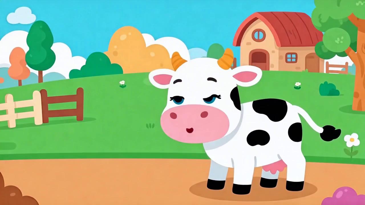 Prompt: “Soft, pastel 2D cartoon animation designed for toddlers. A friendly baby cow stands in a simple farm background with rounded shapes and warm colors. The cow introduces the activity: ‘Which animal made that sound?’ A gentle animal sound plays, like a ‘baa’ or ‘quack.’ Three cartoon animals appear slowly: a sheep, a duck, and a cow. The cow looks around curiously, encouraging toddlers to choose. No text on screen. Slow pacing, smooth transitions, soft outlines, toddler‑safe visuals.