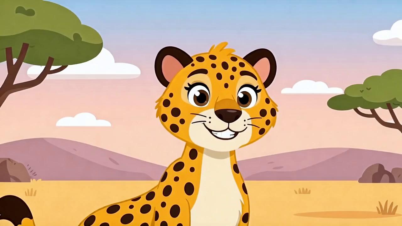 Prompt: “Soft, pastel 2D cartoon animation designed for toddlers. A friendly cheetah stands in a simple savanna background. The cheetah introduces the activity: ‘Which one is fast?’ Two cartoon characters appear: a slow turtle and a fast bunny. They move gently across the screen.  No text on screen. Slow pacing, smooth transitions, rounded shapes.” The cheetah reacts with warm expressions.