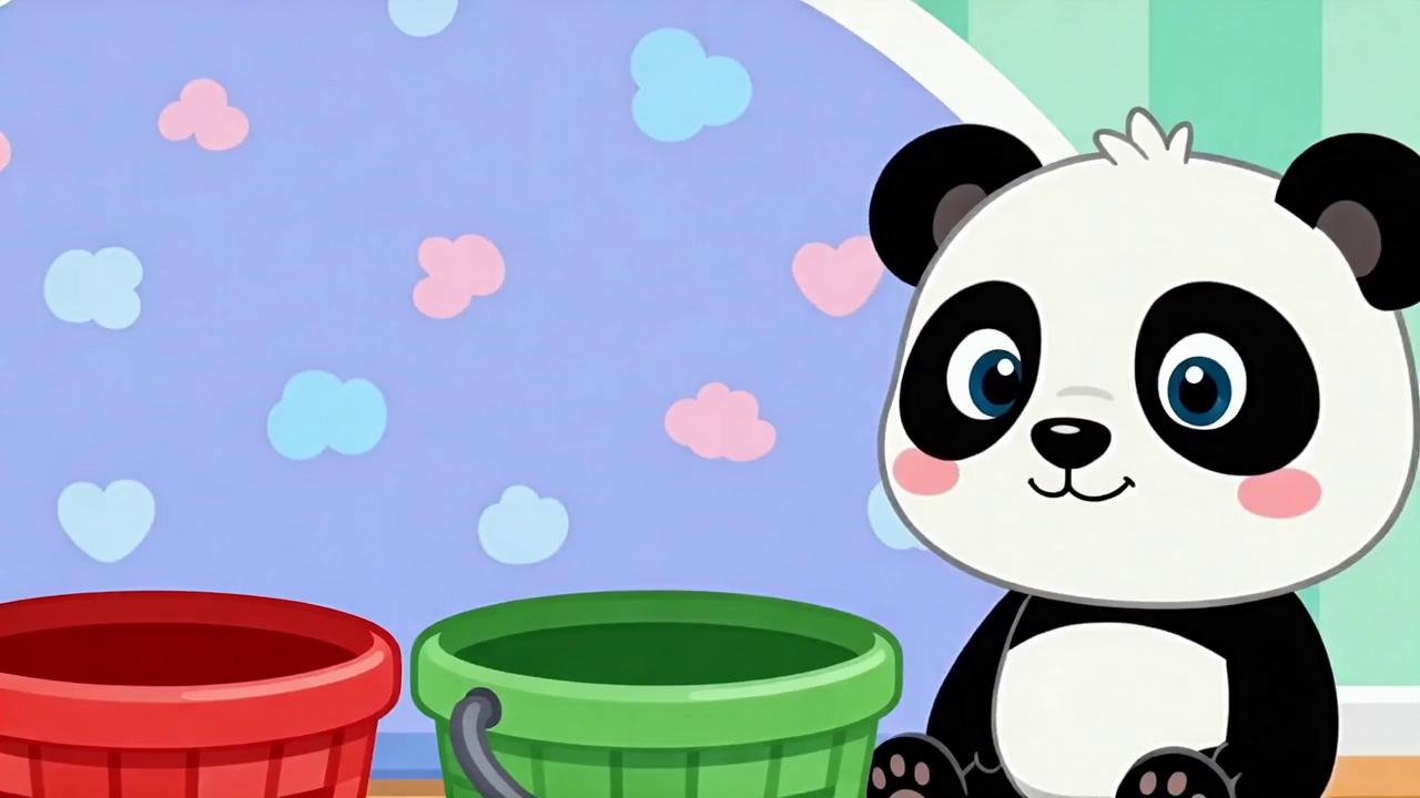 Prompt: Soft, pastel 2D cartoon animation designed for toddlers. A smiling panda sits beside two baskets: one red, one green. The panda introduces the activity: ‘Let’s sort the toys!’ Cartoon toys float down slowly: a red car, a green block, a red ball, a green teddy. The panda gently places each toy in the correct basket matching the toy color and the basket color. No text on screen. Slow pacing, smooth transitions, warm colors.