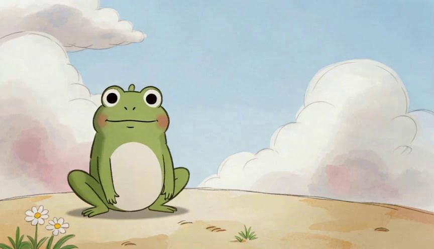Prompt: “Soft pastel 2D toddler animation. Top write correctly the following text: ‘I’ll give you learning tips’. A frog says, ‘Who jumps?’ A frog, turtle, fish appear. after the frog jumps softly. Bottom write correctly the following text: ‘Follow us for more’. Short, rounded shapes.”