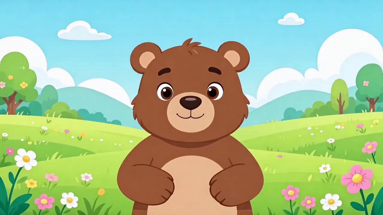 Prompt:  “Find the Matching Pattern “Soft, pastel 2D cartoon animation designed for toddlers. A friendly bear stands in a bright meadow. The bear introduces the activity: ‘Which pattern matches?’ A striped pattern appears on a card. Three objects appear: a striped ball, a dotted ball, and a plain ball. The bear reacts happily when toddlers choose the striped one. No text on screen. Slow pacing, smooth transitions, rounded shapes.”