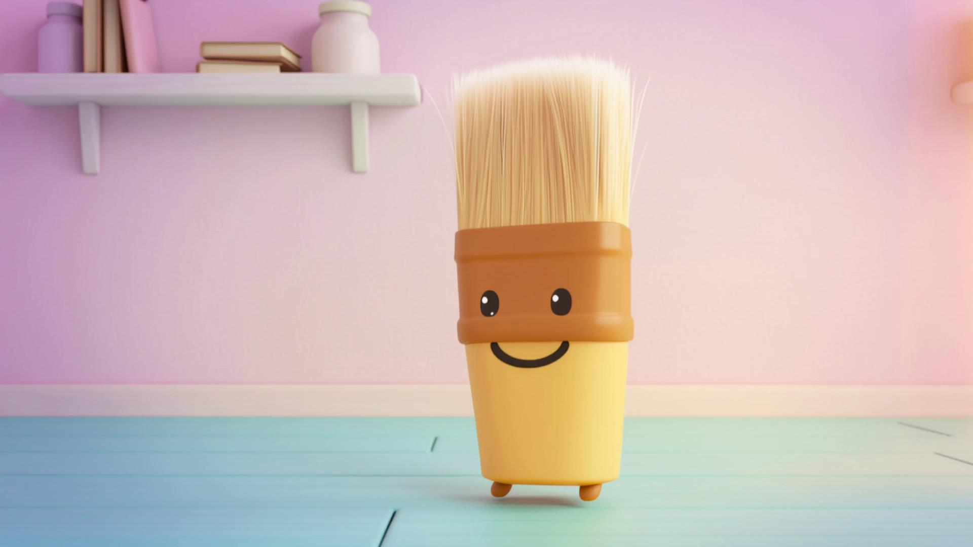 Prompt: Soft, pastel 2D cartoon animation designed for toddlers. A friendly paintbrush character floats in a simple art room background. The paintbrush introduces the activity: ‘Let’s mix colors!’ Two color blobs appear (red + yellow). They swirl together slowly and transform into a new color. The paintbrush reacts with joy. No text on screen. Slow pacing, smooth transitions, warm lighting  adjust to 10 seconds video the full activities